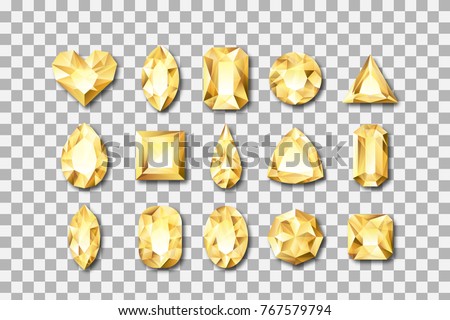 Set of vector realistic golden gems and jewels on transparent background. Gold shiny diamonds with different cuts. Design elements and icons for holiday gift and jewelry shop.