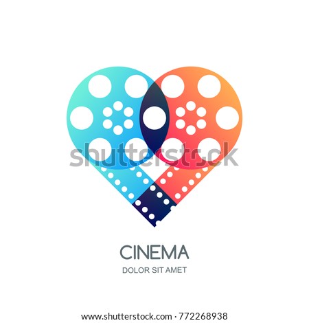 Cinema festival vector logo, icon, emblem design template. Overlapping film reel and filmstrip in heart shape. Video like symbol. Home movie time, media and watching tv concept.