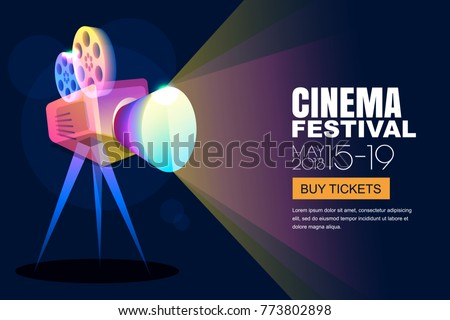 Vector glowing neon cinema festival poster or banner background. Colorful 3d style movie camera with film spotlight. Sale cinema theatre tickets, movie time and entertainment concept