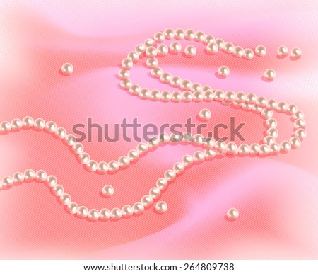 Torn pearl necklace on a pink silk. Vector illustration.