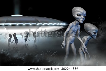 Flying saucer and two grey realistic alien in space. 3D characters. Digital illustration. Digital art.