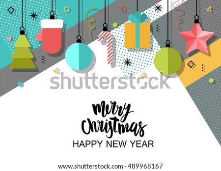 Merry Christmas and New Year flat design greeting card, background, invitation, poster, flyer. Holidays elements - noel, star, ball, candy, gift, mitten.