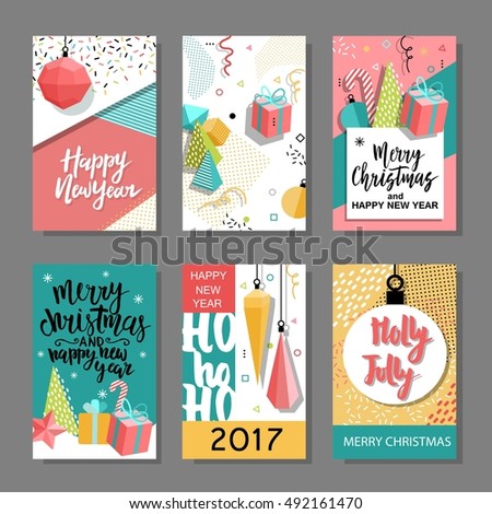 Set of Merry Christmas and New Year flat design greeting card, background, invitation, poster, flyer. Holidays elements - noel, star, ball, candy, gift, mitten.