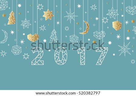 New Year 2017 geometric style background. Holiday composition with star, heart, moon, ball, noel. Greeting card, invitation, flyer, banner.