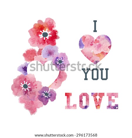 Floral Decorative Graphic with Pink Watercolor Flowers. Vector Design Elements for Fashion, T-Shirt, Cards and Other Uses. Love, Quote, Heart Illustration.