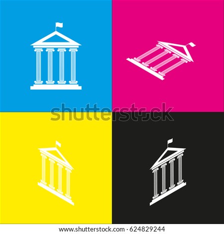 Historical building with flag. Vector. White icon with isometric projections on cyan, magenta, yellow and black backgrounds.