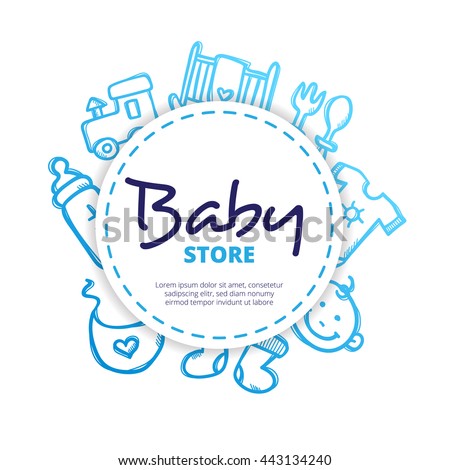 Vector baby icons circle composition. Newborn accessories design concept in doodle style.