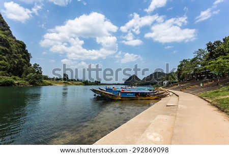 QUANG BINH, VIETNAM, MAY 05 2015: Boat harbor of Phong Nha Tourism Center. on MAY 05 2015 in Quang Binh, Vietnam. Phong Nha is a world natural heritage.