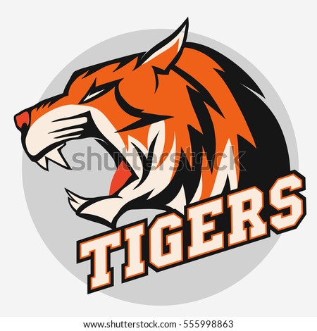 Angry Tiger Sport team emblem, wild big cat head. Cute face of Black Cat. Aggressive cat with bared teeth in cartoon style, t-shirt print design