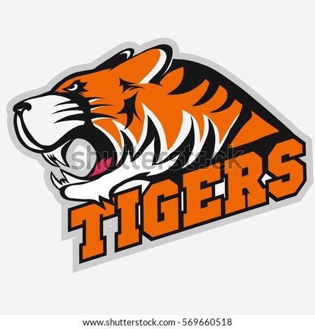 Angry Tiger Sport team emblem, wild big cat head. Aggressive cat with bared teeth in cartoon style, t-shirt print design