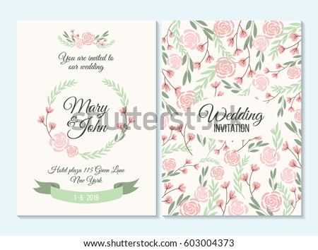 Pink And Green Wedding Invitation Thank You Card Save The Date With Flowers Pink And Green Wedding Invitation Thank You Card Save The Date With Flowers