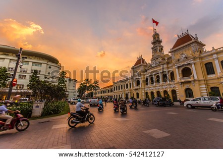 HO CHI MINH CITY,VIETNAM - DEC 10: Traffic in front of Ho Chi Minh City Hall at twilight on December 10,2015 in Ho Chi Minh City,Vietnam.