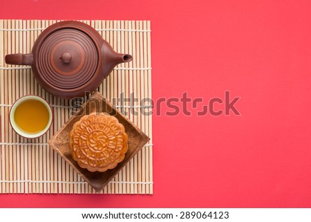 Mooncake and tea,Chinese mid autumn festival food. angle view from above