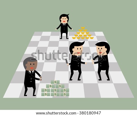 Businessman on chess game with money and gold. Business game concept.