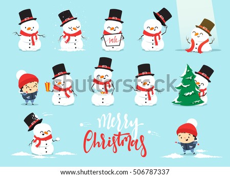 Snowman Christmas, character cartoon cute white snowman attributes of Christmas. Set Christmas characters snowman with a little boy