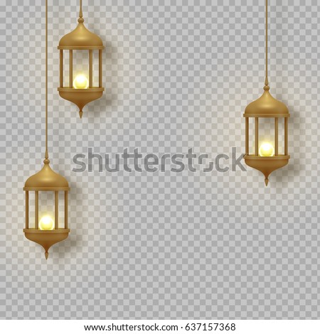 Gold vintage luminous lanterns. Arabic shining lamps. Isolated hanging realistic lamps. Effects of transparent vector background