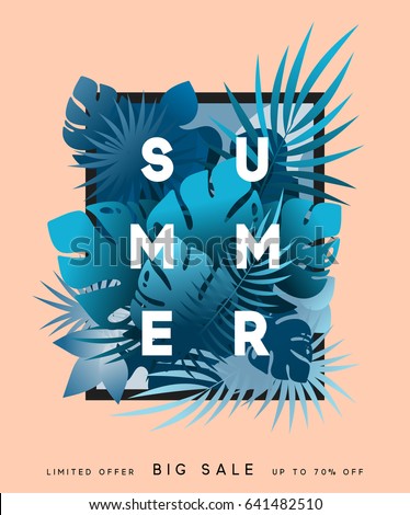 Hello Summer banner tropical background. Summer season, design poster with blue leaves