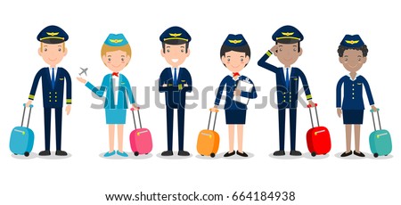 pilot and stewardess. set of officers and flight attendants Stewardesses isolated on white background, pilot and air hostess Vector Illustration.