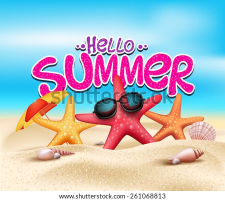Hello Summer in Beach Seashore with Realistic Objects. Vector Illustration.