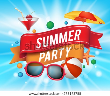 Summer Party Poster with Colorful Elements and a Text in a Ribbon with Blue Background. Vector Illustration