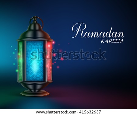 Ramadan Lantern or Fanous with Lights and Ramadan Kareem Greetings in a Colorful Night Background. 3D Realistic Vector Illustration
