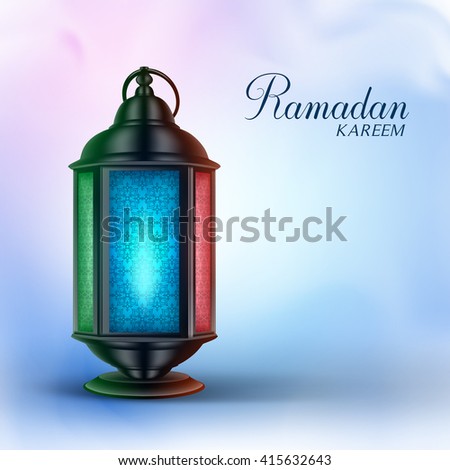Ramadan Lantern or Fanous with Ramadan Kareem Greetings in a Colorful Background. 3D Realistic Vector Illustration