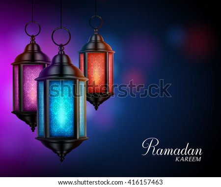 Ramadan Kareem Greetings with Colorful Set of Lanterns or Fanous in a Dark Glowing Background. 3D Realistic Vector Illustration