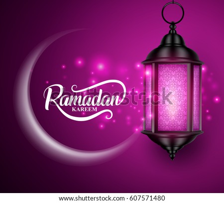 Lantern or fanous hanging with crescent moon and lights for ramadan kareem vector greetings design in purple background. Vector illustration.