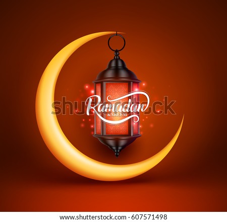 Ramadan kareem vector greetings design with lantern or fanoos hanging in yellow crescent moon in red background. Vector illustration.