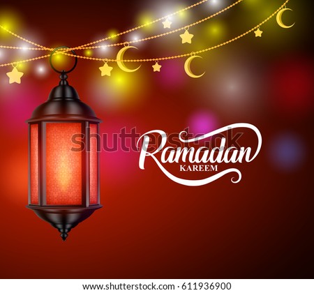 Ramadan kareem muslim greetings vector design with hanging lantern or fanoos and crescent moon in decorated colorful background. Vector illustration.