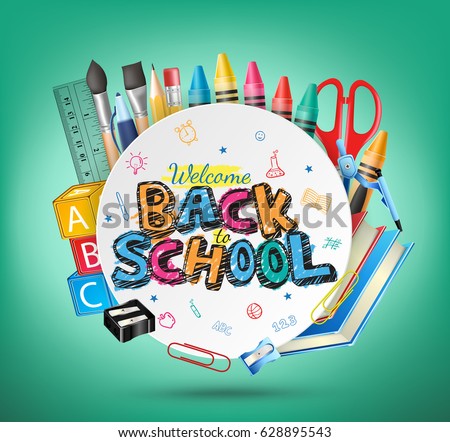 Welcome Back School Text School Items Stock Vector 628895543 - Shutterstock