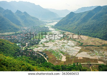 Jan 10, 2016: Valley of Mai Chau, Hoa Binh, Vietnam: As a countryside with the famous fragrant sticky rice. Multiple plots are being filled with water, plowed in preparation for new farming season.