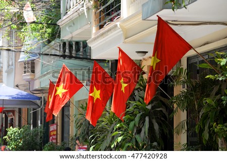 Hanoi, Vietnam: Life in Vietnam- Hanoi,Flags in Hanoi's Old Quarter celebrate the Independence Day of Vietnam (September 2 annually). Hanoi on September 1, 2016.