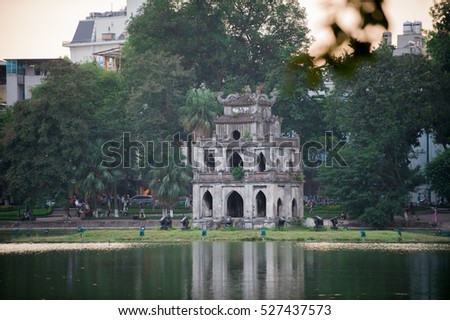 HoanKiem Lake, the little lake in the old part of Hanoi, Vietnam, with the Turtle Tower. Turtle Tower is the symbol of Hanoi,Vietnam. HoanKiem lake is center of Hanoi