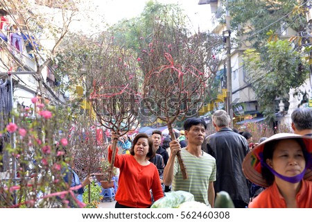 Hanoi, Vietnam - Jan 23,2017: Hanoi's people go to shop for Tet's flower market items served for Tet. The market is open until the last day of the old year according to the lunar calendar.