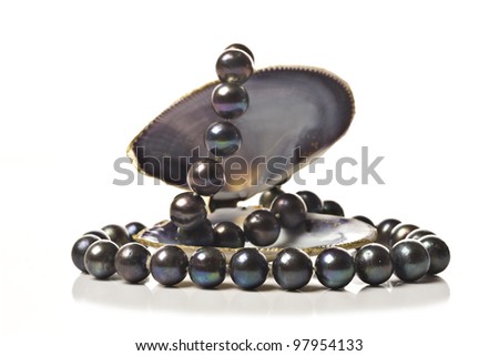 String of black pearls in a sea shell on white