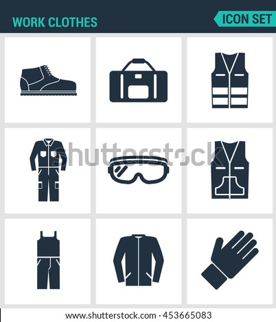 Set of modern vector icons. Work clothes shoes, bag, vest, working, suit, protective glasses, sweater, gloves. Black signs on a white background. Design isolated symbols and silhouettes.
