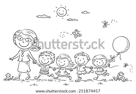 kids and their teacher on a walk in the kindergarten black and white outline - Outline Drawing For Kids kids and their teacher on a walk in the kindergarten black and white outline - Outline Drawing For Kids