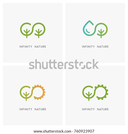 Infinity and nature logo set. Green tree, drop of water, the sun and gear wheel - ecology and environment, agriculture and industry icons.