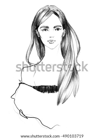 Fashion girl illustration young woman model face on white background white and black art Fashion girl illustration young woman model face on white background white and black art