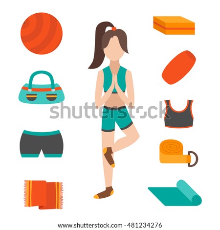 Vector Illustration With Cartoon Flat Yoga Character Girl Equipment Fitness Ball Mat Vector Illustration With Cartoon Flat Yoga Character Girl Equipment Fitness Ball Mat