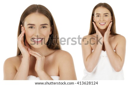 Collage two models. Portrait of a bared beautiful women getting ready for the spa treatment, isolated on a white background, please see some of my other parts of a body images