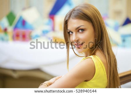 Portrait close up of young beautiful happy woman, indoor