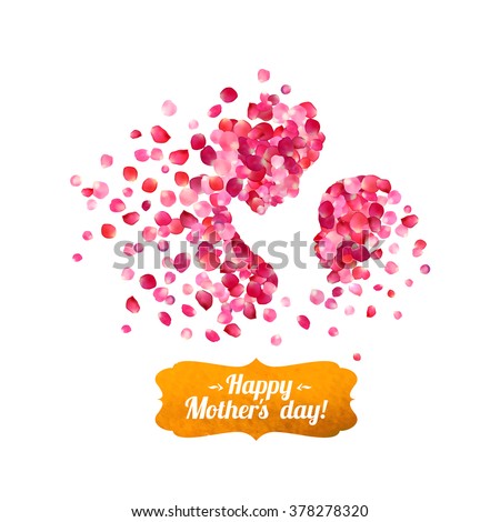 Happy Mother's Day! Silhouette of a mother and her child of pink rose petals