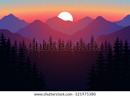 Abstract image of a sunset, the dawn sun over the mountains in the background and a thick forest down to the valley in the foreground. Mountain landscape. Forest mountains in the background. vector