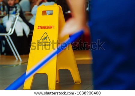 Yellow Wet Floor Sign Writing Caution Stock Photo Royalty Free