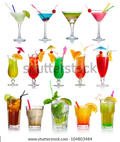 Set of alcoholic cocktails isolated on white background - stock photo