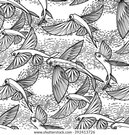 Graphic Flying Fish Drawn In Line Art Style Sea And Ocean Seamless Pattern Coloring