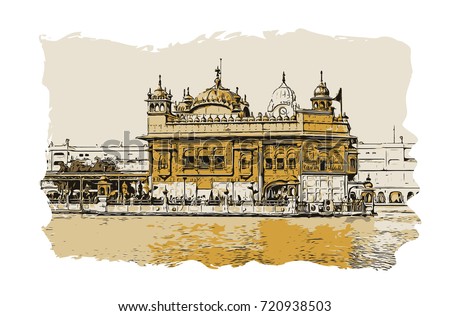 Vector Sketch Color Golden Temple Amritsar Stock Vector 720938503