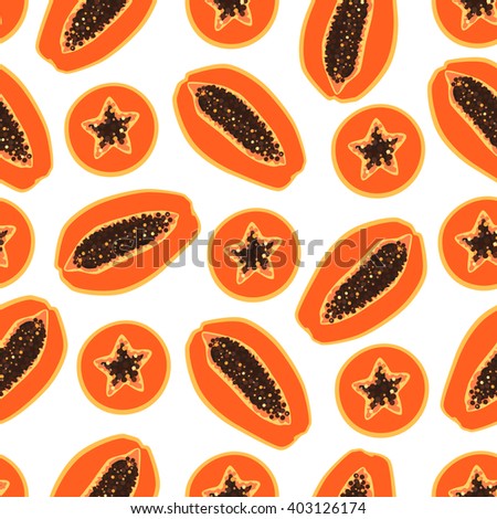 Bright tropical pattern with fruit - papaya, half of a sectional with seeds on a white background. Vector illustration.